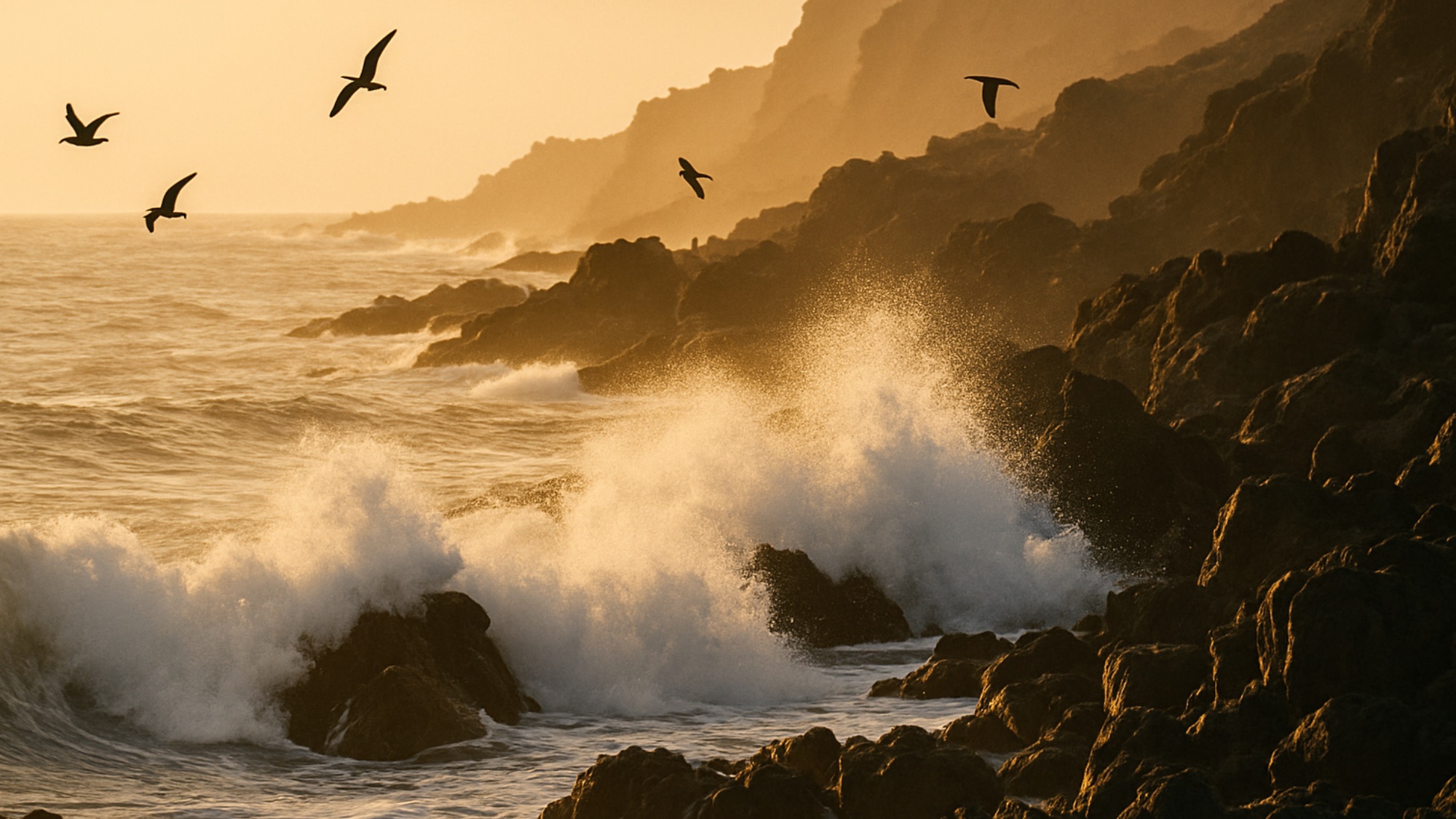 AI generated image of waves crashing against rocks on the shoreline with birds overhead