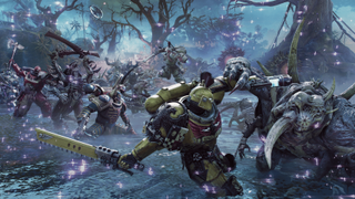 Space Marines fight terminids in a wintry landscape in Space Marine 2