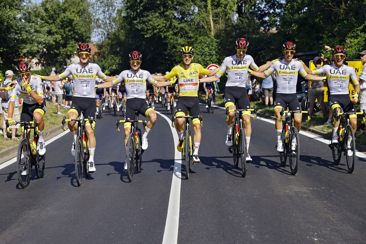 Tour de France 2021 108th Edition 21th stage Chatou Paris Champs Elysees 1084 km 18072021 Brandon McNulty USA UAE Team Emirates Mikkel Bjerg DEN UAE Team Emirates Marc Hirschi SUI UAE Team Emirates Tadej Pogacar SLO UAE Team Emirates Vegard Stake Laengen NOR UAE Team Emirates Rui Costa POR UAE Team Emirates Rafal Majka POL UAE Team Emirates photo Jan De MeuleneirPNBettiniPhoto2021
