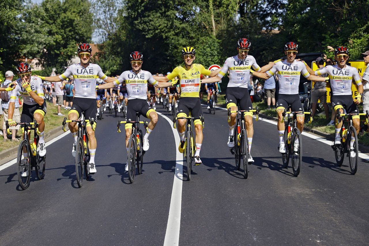 Tour de France 2021 108th Edition 21th stage Chatou Paris Champs Elysees 1084 km 18072021 Brandon McNulty USA UAE Team Emirates Mikkel Bjerg DEN UAE Team Emirates Marc Hirschi SUI UAE Team Emirates Tadej Pogacar SLO UAE Team Emirates Vegard Stake Laengen NOR UAE Team Emirates Rui Costa POR UAE Team Emirates Rafal Majka POL UAE Team Emirates photo Jan De MeuleneirPNBettiniPhoto2021