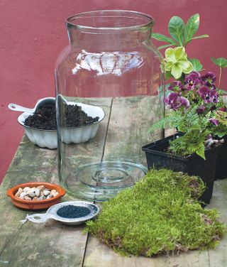 Homemade terrarium essentials: moss, glass jar, gravel, soil and plants