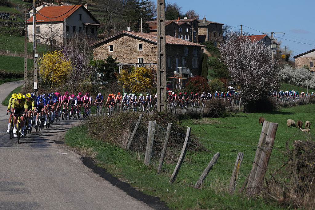 Team Visma - Lease a Bike's riders lead the pack during the 5th stage of the Paris-Nice cycling race, 206.3 km between Cormoranche-sur-Sa&ocirc;ne and Colombier-le-Vieux, on March 12, 2026. (Photo by Anne-Christine POUJOULAT / AFP)