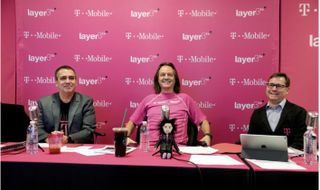 Former T-Mobile CEO John Legere appears alongside then COO Mike Siefert, and Layer3 TV CEO Jeff Binder in 2017.