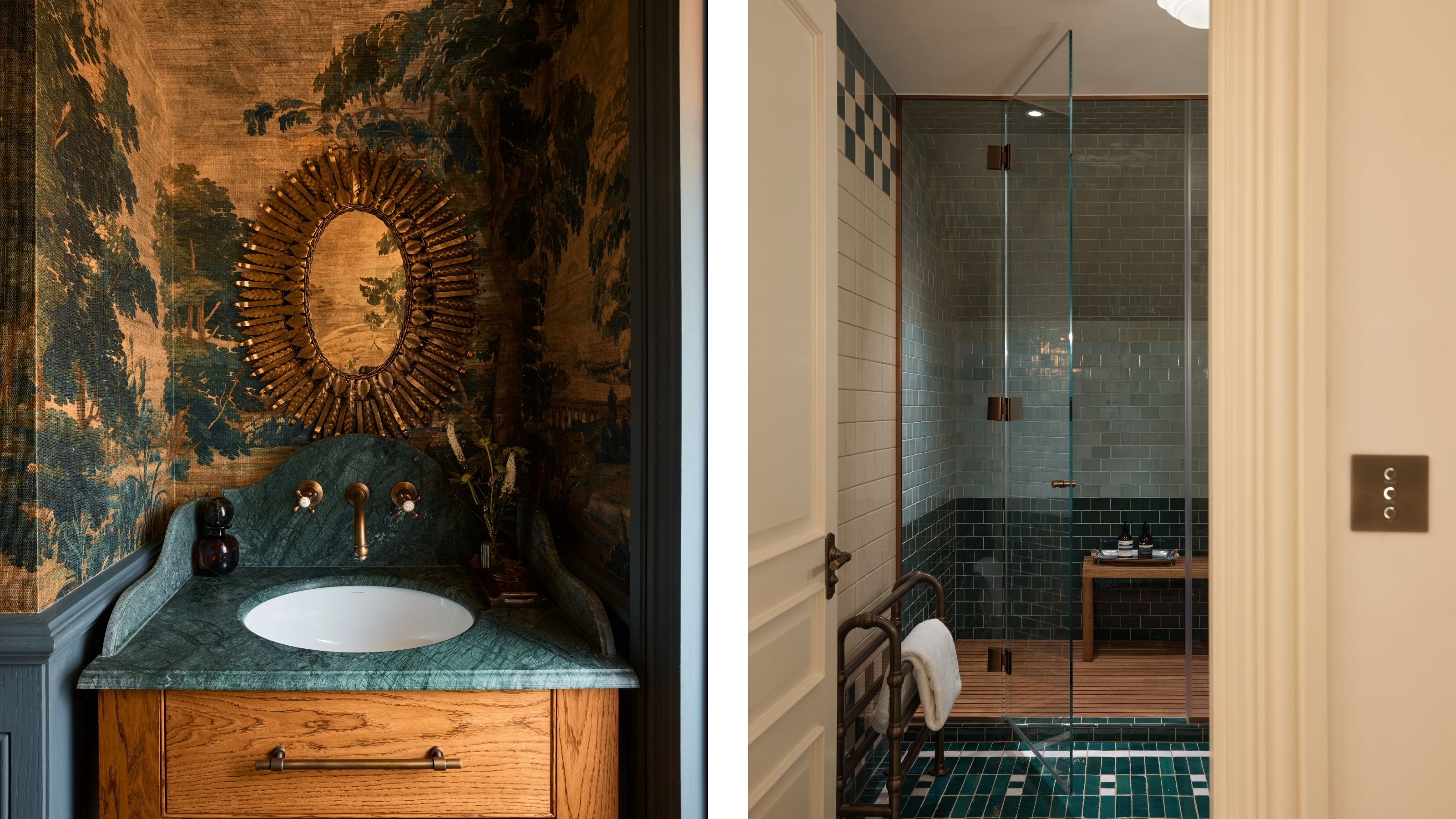 two side by side images of a wallpapered powder room with green marble and a green tiled steam room