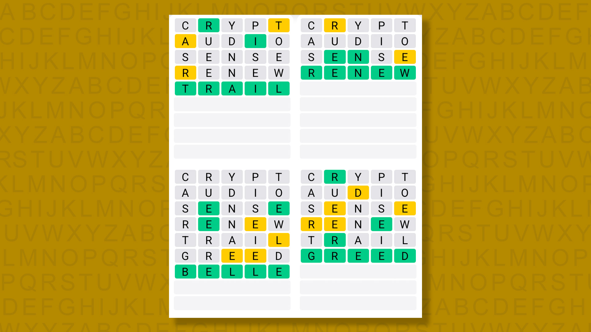 Quordle answers for game 1556 on a yellow background