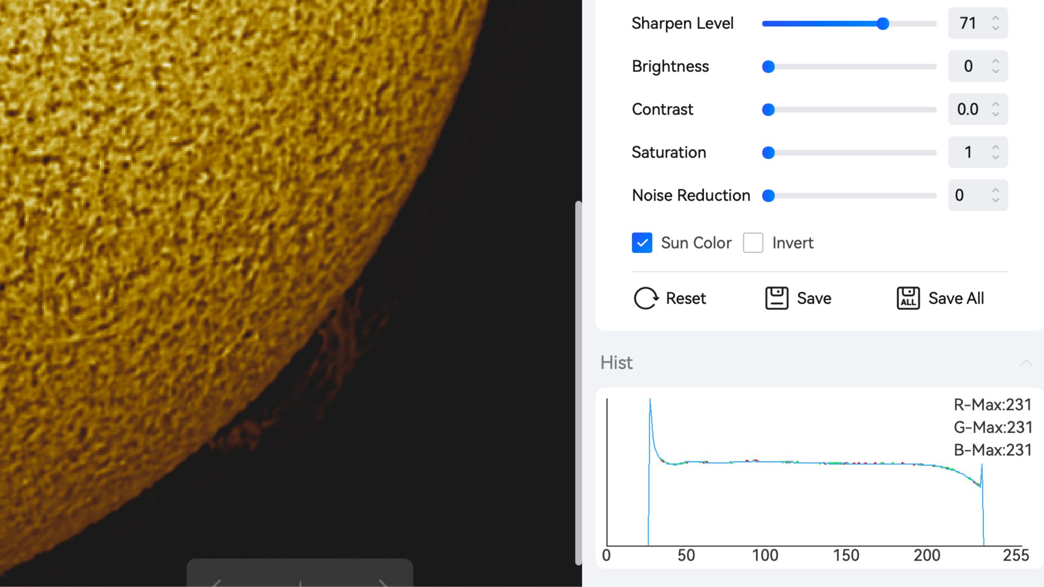 A screenshot of editing software with a solar photograph and exposure adjustments sliders.