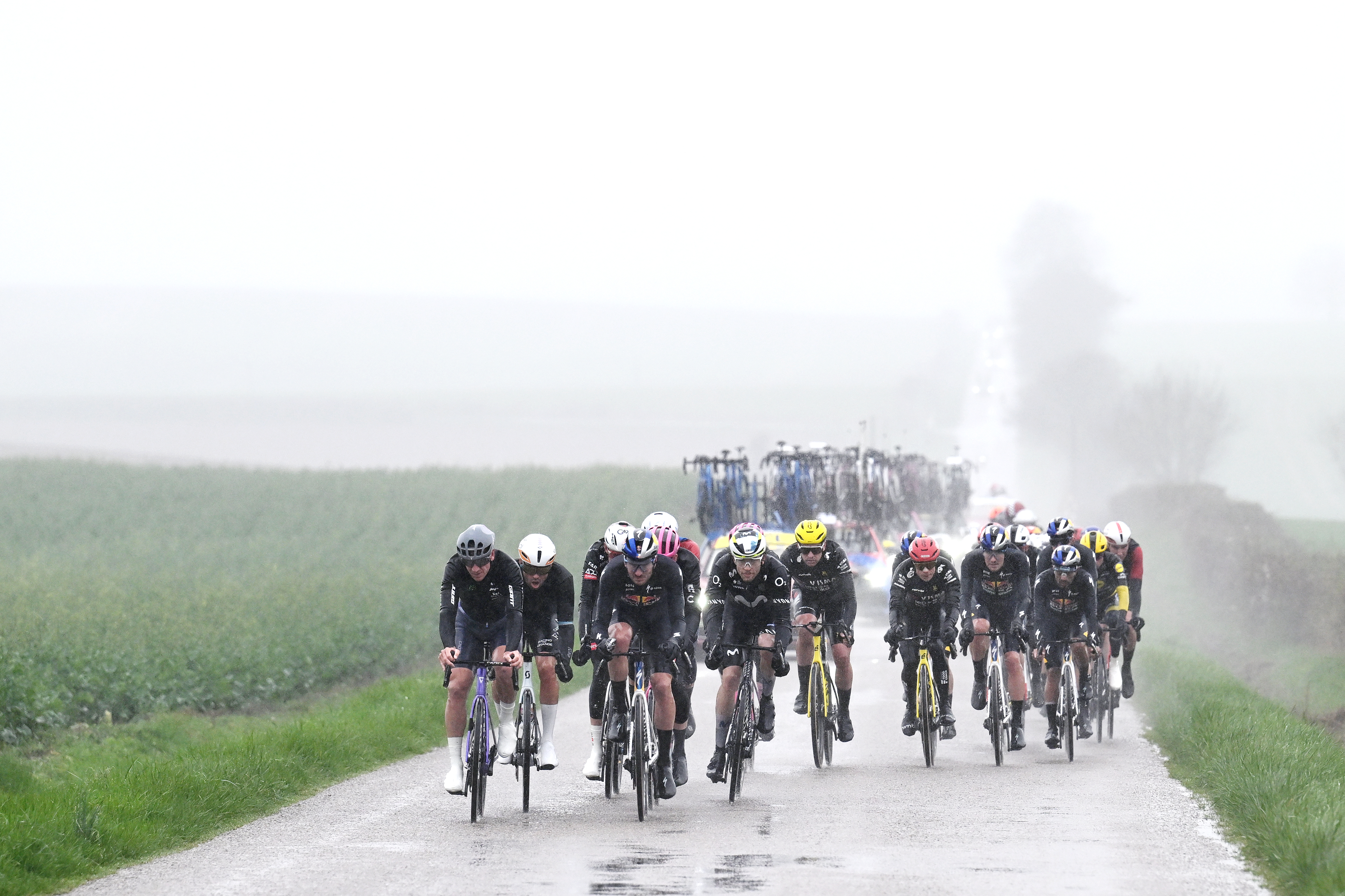 UCHON, FRANCE - MARCH 11: (L-R) Pascal Ackermann of Germany and Team Jayco AlUla, Tim van Dijke of Netherlands and Team Red Bull - BORA - hansgrohe, Michel Hessmann of Germany and Team Movistar and Jonas Vingegaard of Denmark and Team Visma | Lease a Bike compete during the 84th Paris-Nice 2026, Stage 4 a 195km stage from Bourges to Uchon / #UCIWT / on March 11, 2026 in Uchon, France. (Photo by Szymon Gruchalski/Getty Images)