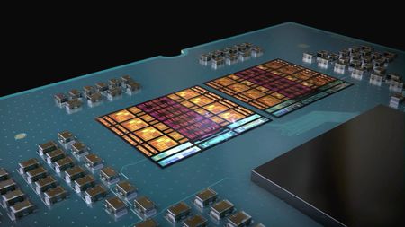 A promotional image showing a render of the two CCD chiplets in the Ryzen 9 9950X3D2 Dual Edition processor