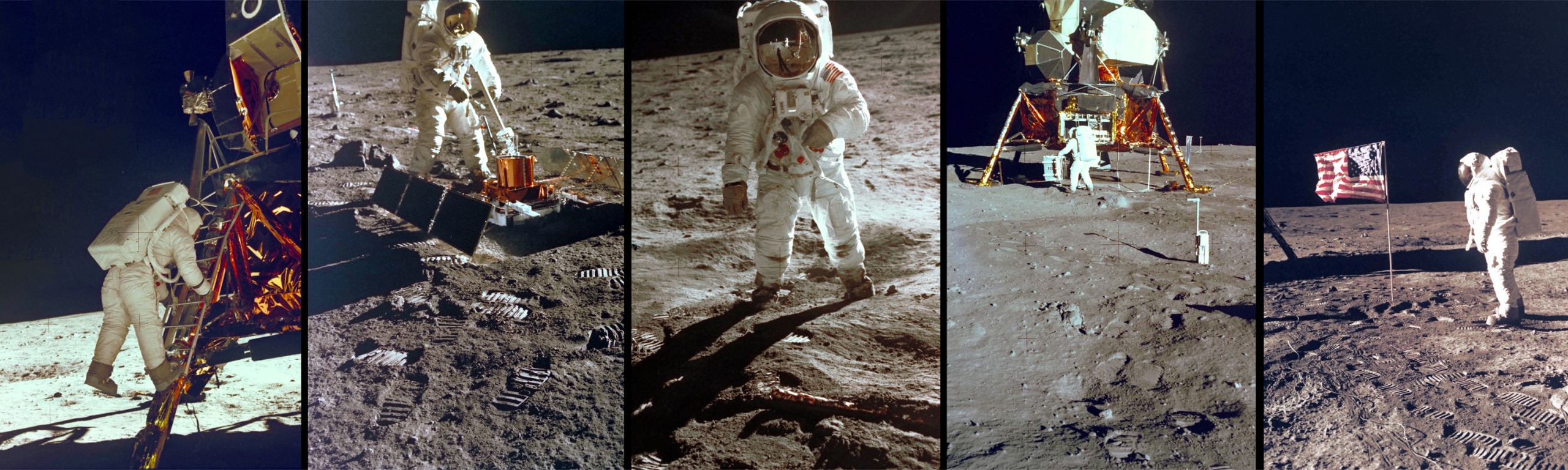 Five panels from the Moon landing side by side, showing an astronaut climbing down the ladder of the lunar module, setting up equipment, standing facing the camera, working beneath the lander and saluting the US flag.
