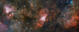 From left to right, the Omega Nebula, the Eagle Nebula and the glowing cloud of gas dubbed Sharpless 2-54 shine in a vivid new image from the European Southern Observatory's VLT Survey Telescope (VST).