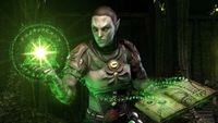 ESO key art showing the Arcanist drawing spells from a tome held in her left hand.