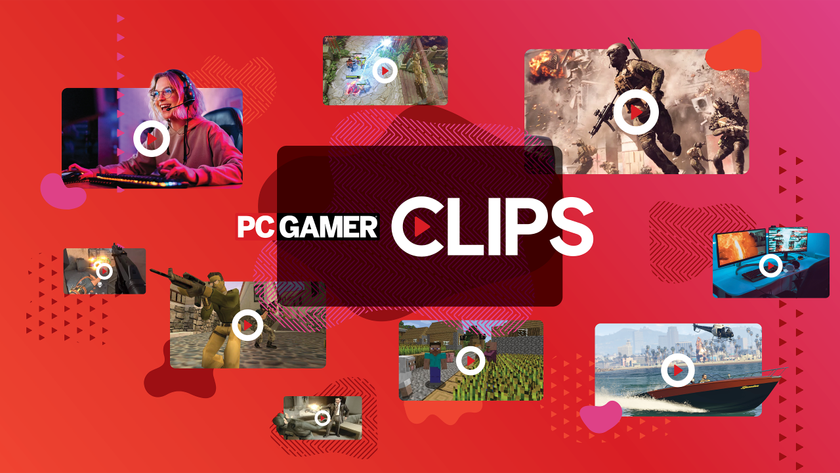 PC Gamer Clips logo surrounded by thumbnail images from different PC games