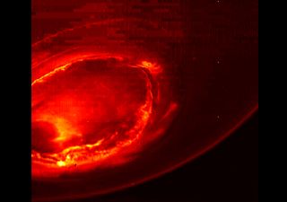 An infrared image of the southern aurora of Jupiter, captured by NASA's Juno spacecraft on Aug. 27, 2016.