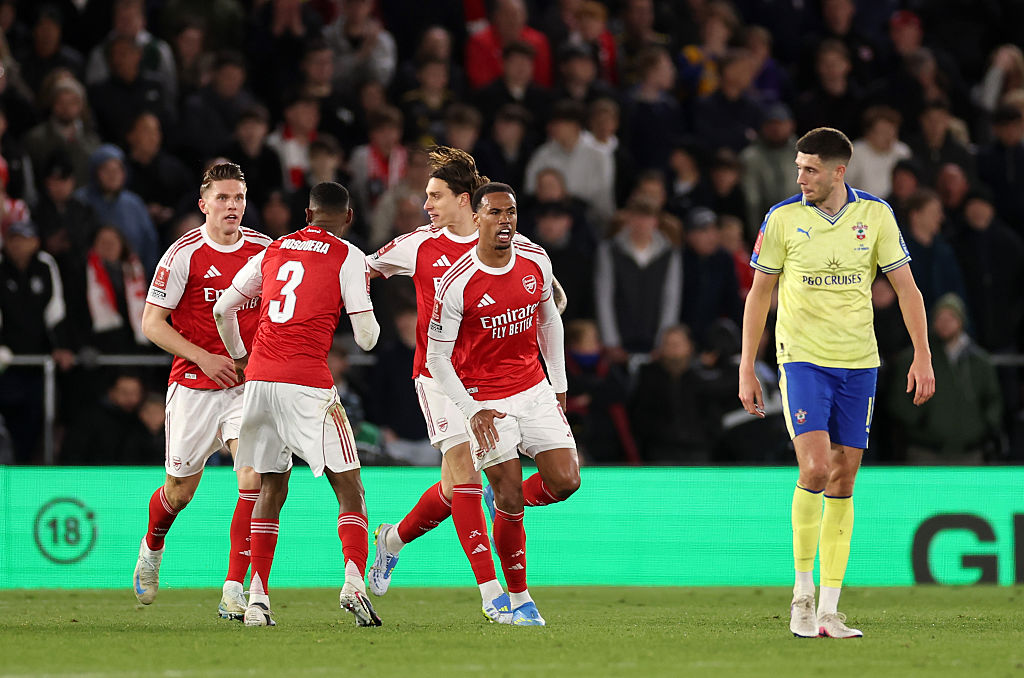 Viktor Gyoekeres of Arsenal celebrates scoring his team's first goal with teammates during the Emirates FA Cup Quarter Final match between Southampton and Arsenal at St Mary's Stadium on April 04, 2026 in Southampton, England.
