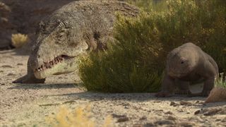 An Erythrosuchid stalks a young Lystrosaurus hiding in a bush in Life On Our Planet episode 4