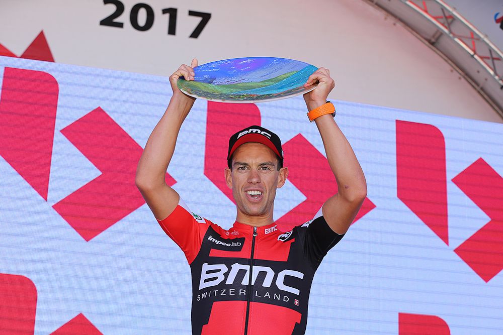 Ricie Porte on the Tour Down Under podium after winning stage 5.