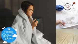 A woman sat on the side of her bed with a cold alongside images of bed bugs, mold and stains