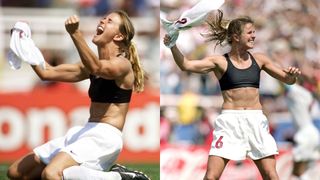 Brandi Chastain of the US shouts after falling on her knees after she scored the last goal in a shoot-out in the finals of the Women's World Cup with China at the Rose Bowl in Pasadena, California 10 July 1999. The US won 5-4 on penalties. (ELECTRONIC IMAGE) AFP PHOTO/HECTOR MATA (Photo credit should read HECTOR MATA/AFP via Getty Images)