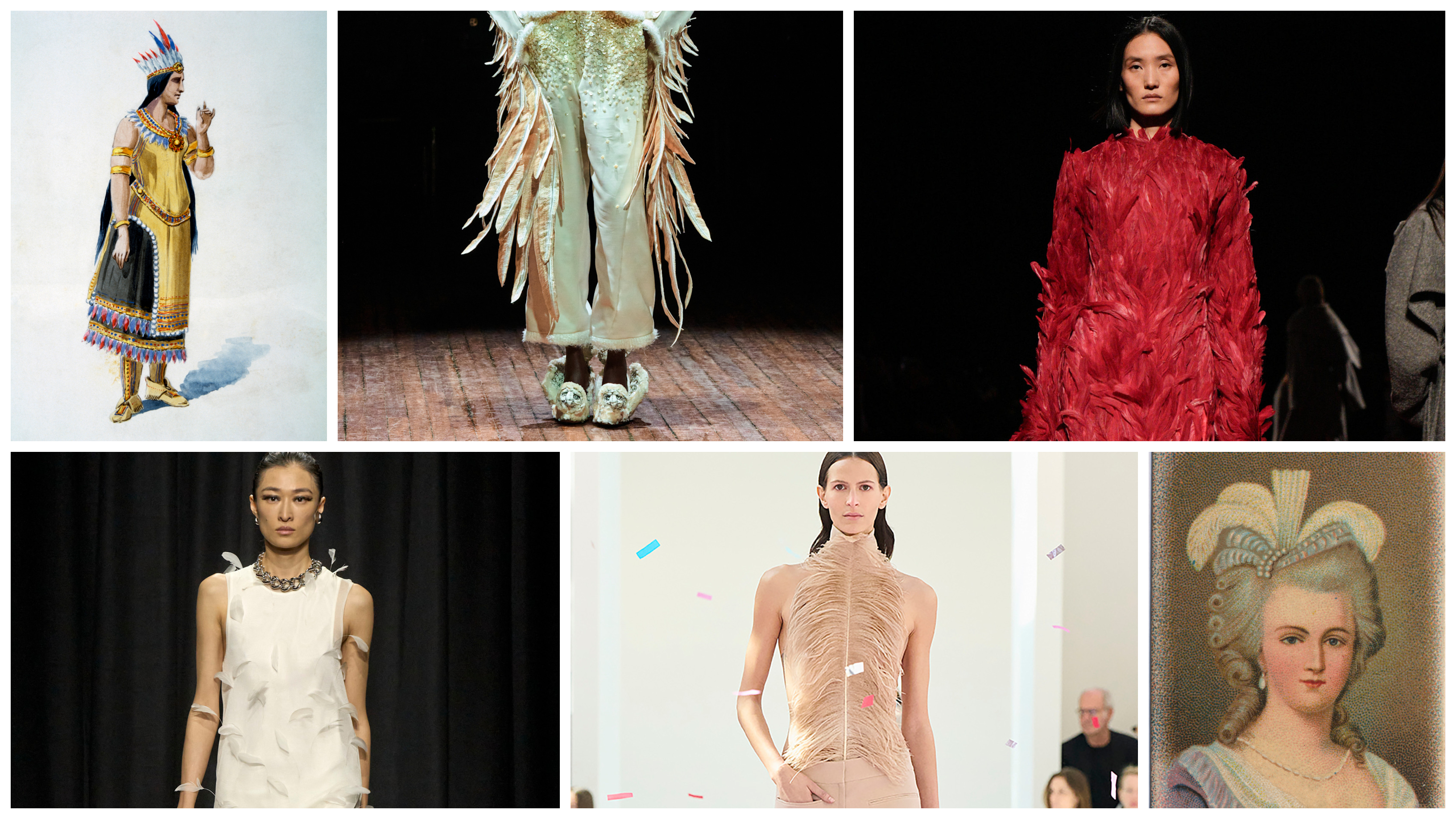 feather clothing in fashion history at Lining the sides of trousers, spanning fully across the torso, or on every inch of a bespoke dress, Ferragamo, Jil Sander, and Courreges