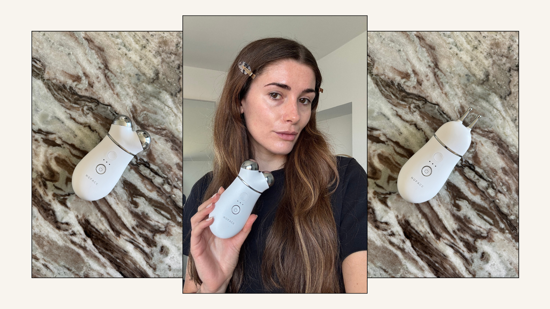 A graphic of beauty editor Eleanor Vousden testing the NuFace Trinity skincare device