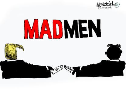 Political cartoon U.S. Trump Kim Jong-un North Korea nuclear missiles Mad Men