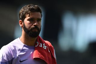 Alisson Becker of Liverpool at the end Premier League match between Fulham FC and Liverpool FC at Craven Cottage on August 06, 2022 in London, England.