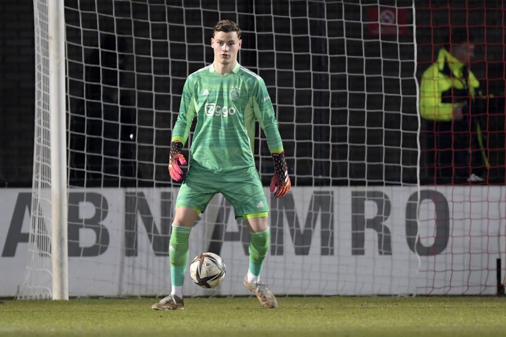 Young Ajax goalkeeper Charlie Setford during the Dutch Kitchen Champion Division match between Ajax u21 and ADO Den Haag at Sportcomplex De Toekomst on March 7, 2022 in Amsterdam, Netherlands.