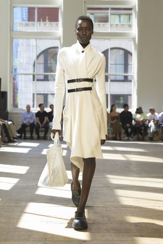 Model on the runway at Proenza Schouler RTW wearing Sorel shoes Spring 2025 as part of New York Ready to Wear Fashion Week on September 4, 2024 in New York, New York