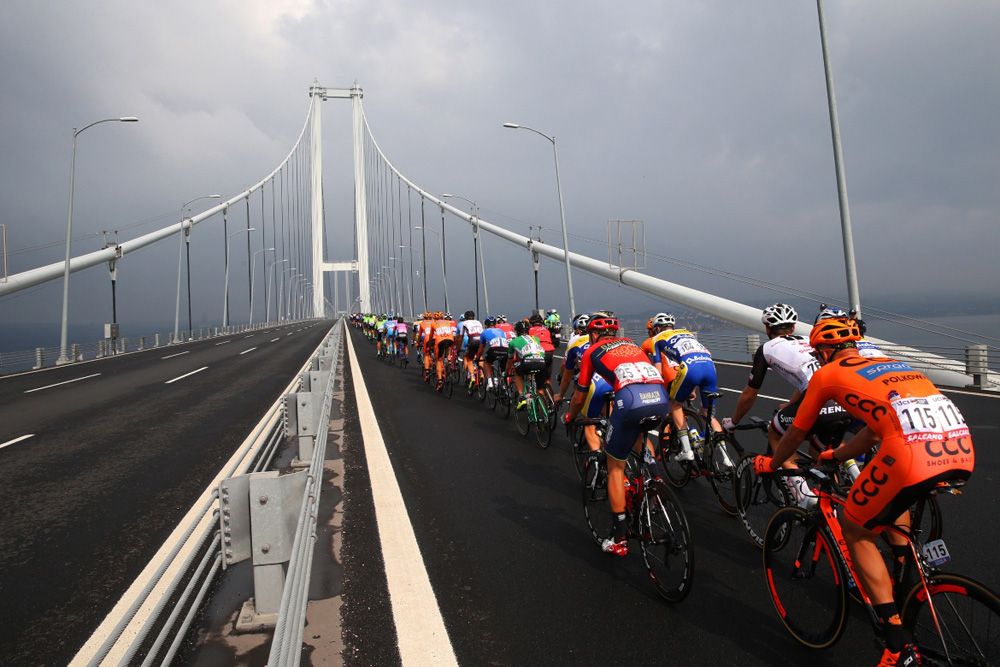 The riders cover one of the many bridges of Istanbul