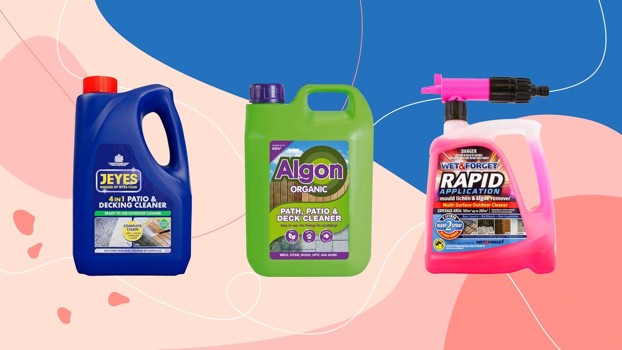 Three of the best patio cleaners as rated by the Ideal Home team, including Algon ORganic Path, Patio &amp; Deck Cleaner, Jeyes 4-in-1 Patio &amp; Decking Cleaner and Wet &amp; Forget Rapid Application Mould, Lichen &amp; Algae Remover on a pink and blue background