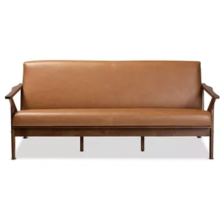 Bianca Wood and Tan Faux Leather Sofa Tan/walnut Brown - Baxton Studio: Polyester Upholstery, Spot Clean, 2-Seater