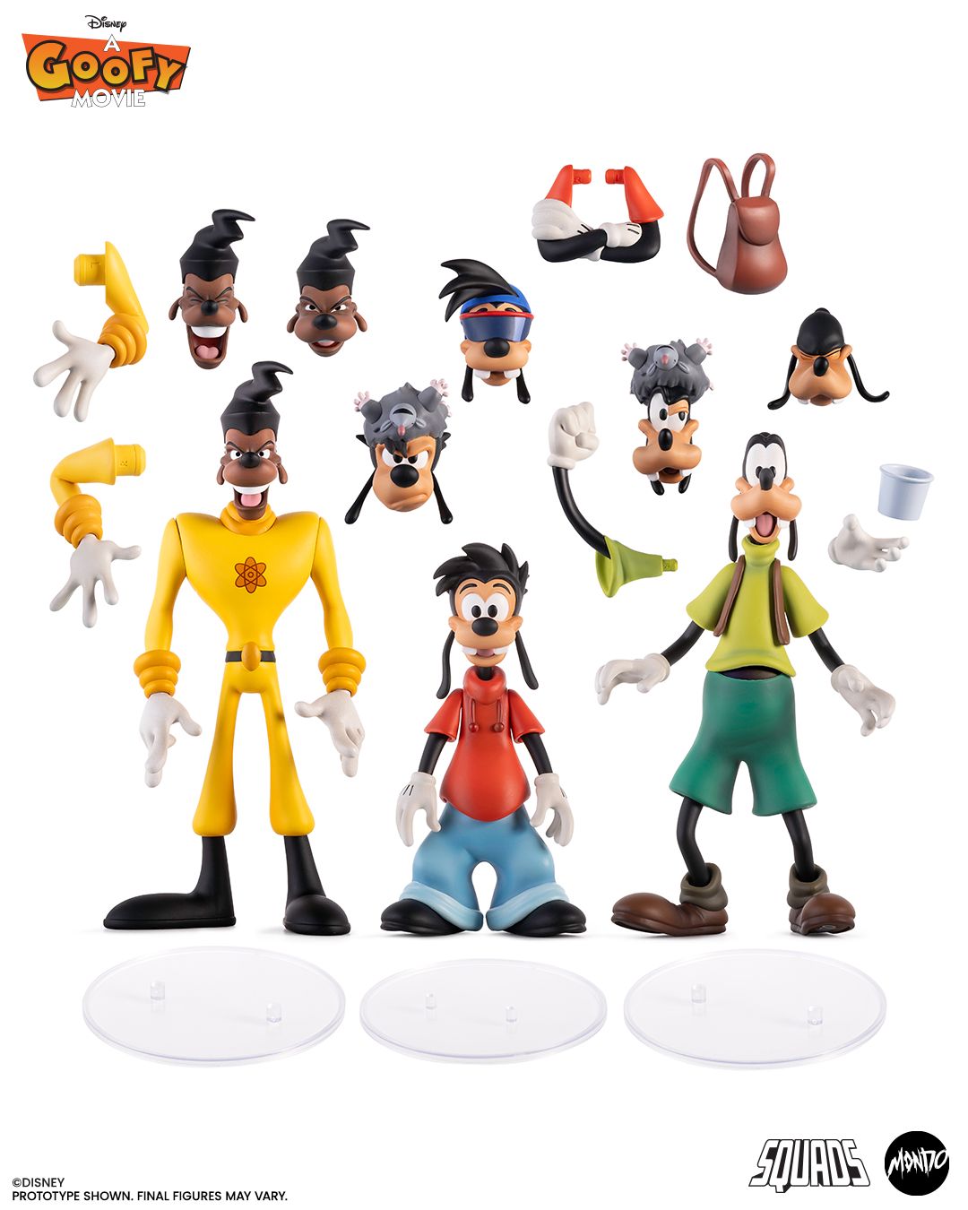 A Goofy Movie figures posing against themed backgrounds
