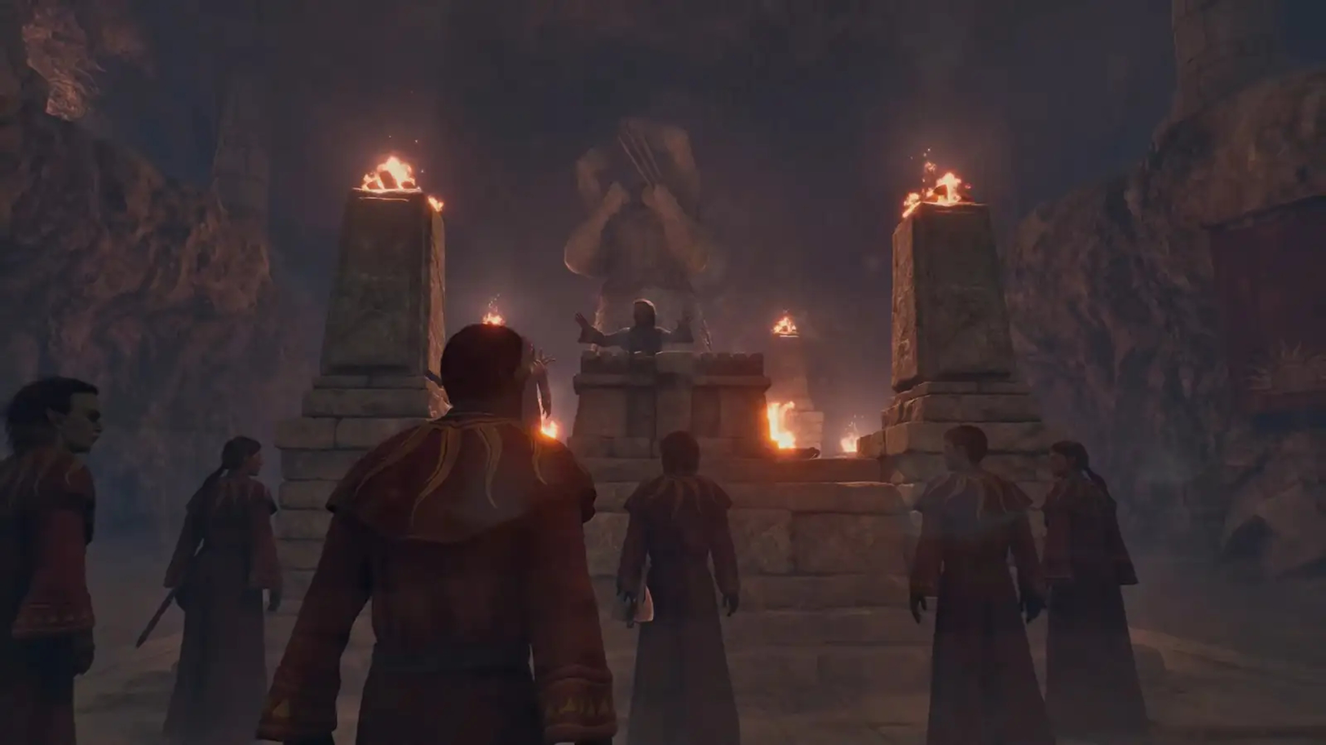 The Elder Scrolls 4: Oblivion Remastered screenshot showing the Mythic Dawn cult gathering in a candlelit temple