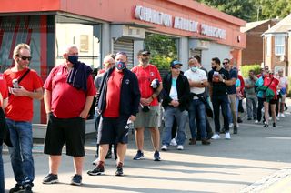 Supporters queued sensibly outside The Valley, where Charlton took on Doncaster