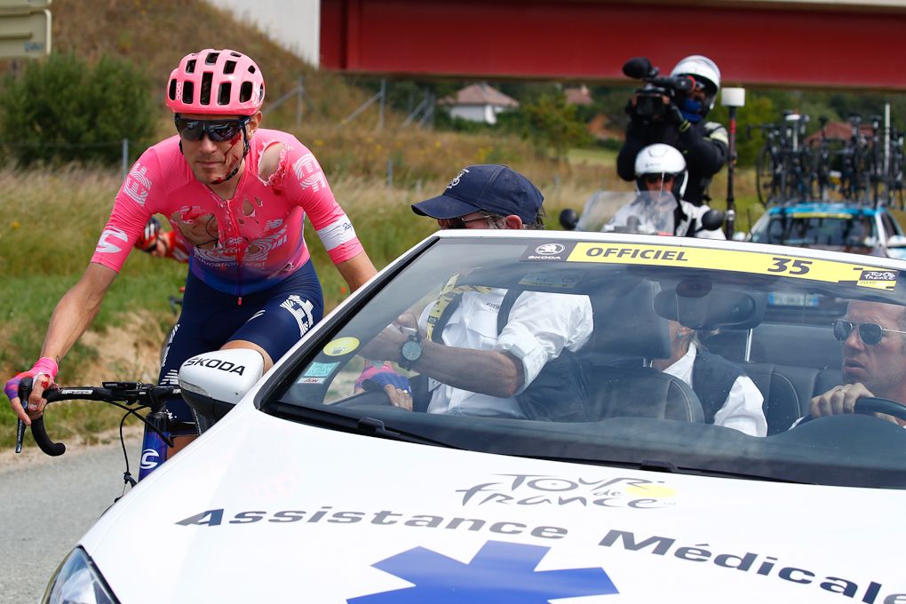 Tejay van Garderen visits the medical car after crashing during stage 7 at the Tour de France