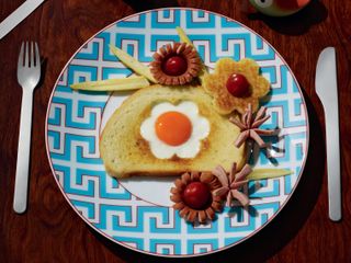 A fried egg-shape flower on toast on a plate on the table
