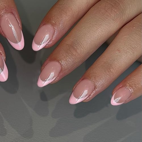30pcs Pink French Tip Press on Nails Short Almond Nails Press Ons, Short Fake Nails Almond Shaped Acrylic French Glue on Nails False Nail for Women, Natural Stiletto Nail 15 Sizes