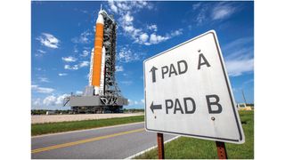 An artist rendering of crawler-transporter 2, with the mobile launcher 2 and Space Launch System (SLS) Block 1B atop, as it makes its way to Launch Pad 39B at NASA&#039;s Kennedy Space Center in preparation for liftoff. T