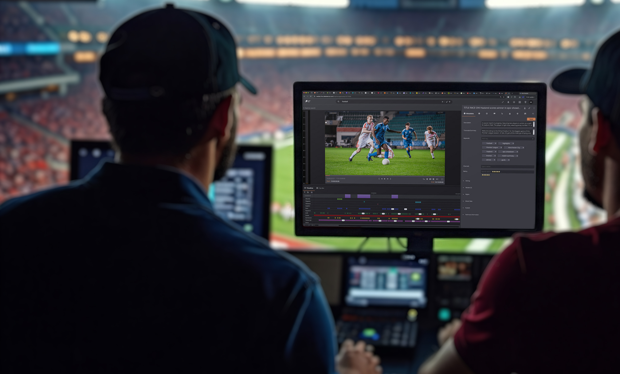 Men viewing a screen in a sports stadium during a TV production