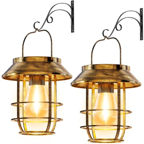 Ahaorigin 2 Pack Solar Lanterns Outdoor Waterproof, High Brightness Hanging Solar Lights for Outside With Wall Hooks, Retro Metal Outdoor Lanterns Auto On/off for Garden, Porch, Patio, Yard Decor