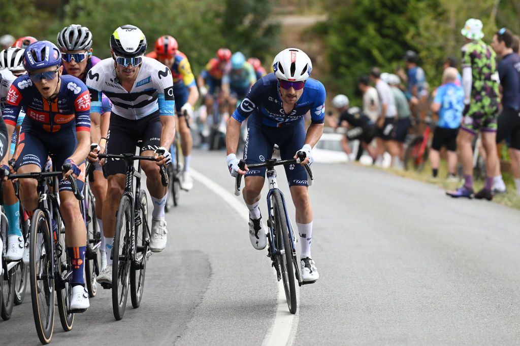 URAIDLA AUSTRALIA JANUARY 23 LR Javier Romo of Spain and Movistar Team and Remy Rochas of France and Team Groupama FDJ compete during the 25th Santos Tour Down Under 2025 Stage 3 a 1475km stage from Norwood to Uraidla 491m UCIWT on January 22 2025 in Uraidla Australia Photo by Dario BelingheriGetty Images