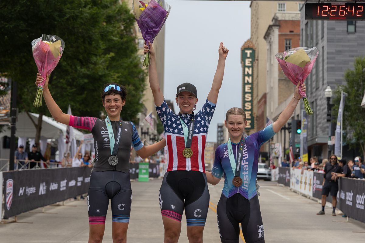 U23 women&#039;s podium for 2023 US Road National Championships, title won by Natalie Quinn (centre)