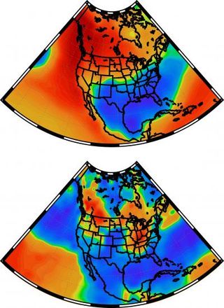 These maps show winter temperature patterns (top) and winter precipitation patterns (bottom) associated with a curvy jet stream.