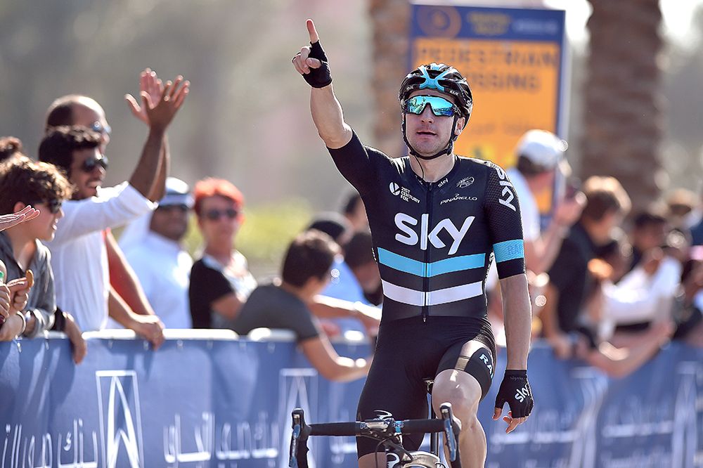 Elia Viviani celebrating his victory on stage 2 of the Dubai Tour