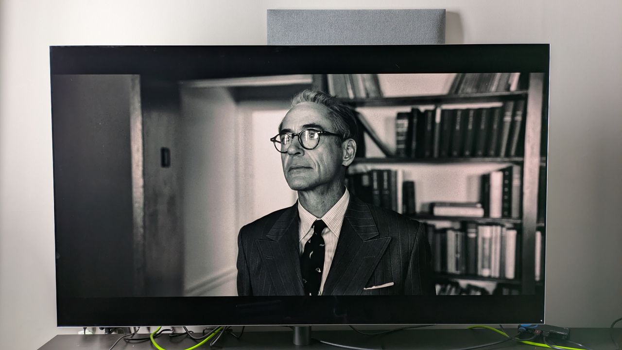 LG G5 OLED TV with Admiral Strauss in black and white from Oppenheimer on screen