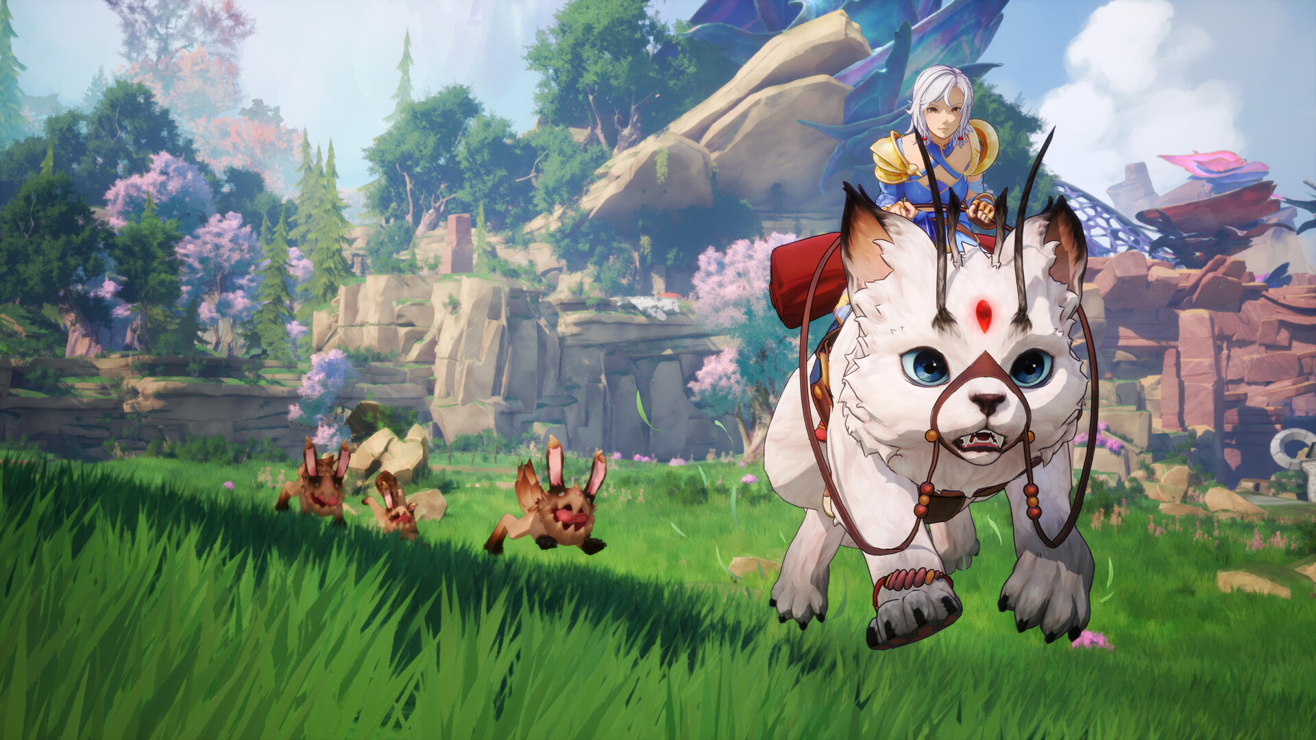 Protagonist Eline rides on the back of a fluffy, white fox-like mount in RPG, Edge of Memories from developer Midgar Studio