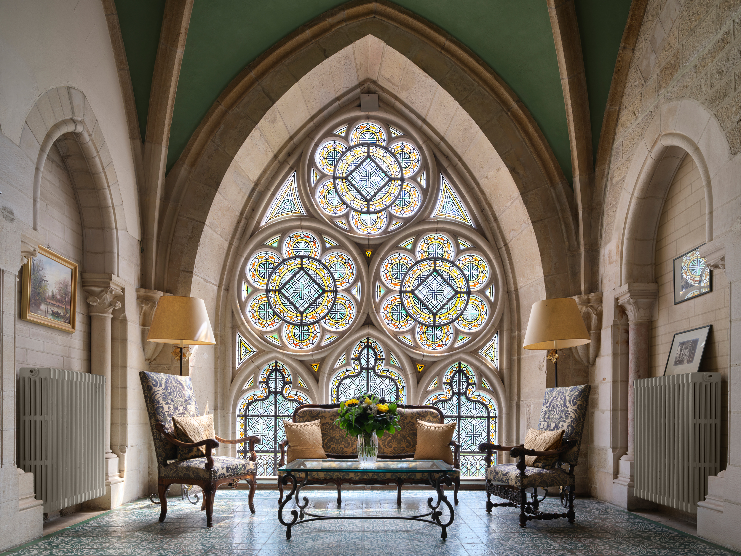 A cathedral window in the beautiful interior of Abbaye de la Bussière in France