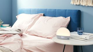 Best sounds machines: The Hatch Restore Sound Machine placed on a bedside table