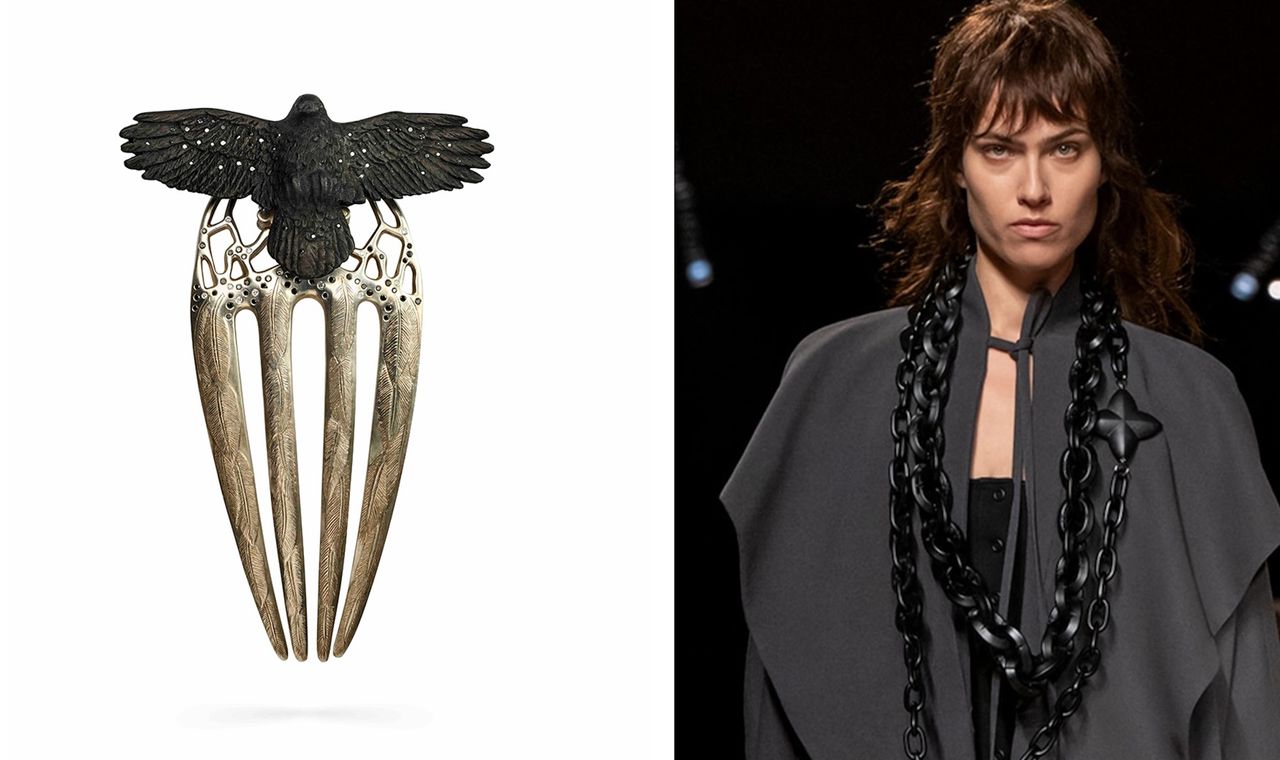 Silver and wood raven haircomb and matt black chains at Louis Vuitton s/s 2025