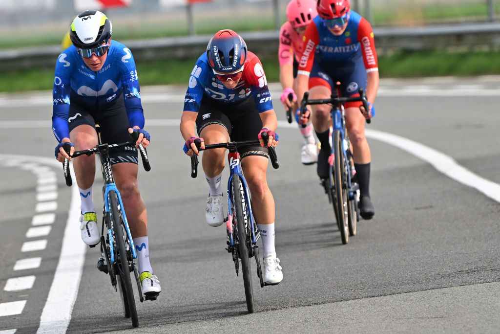 DE PANNE BELGIUM MARCH 21 LR Aude Biannic of France and Movistar Team and Gladys VerhulstWild of France and Team FDJ SUEZ attack during the 7th Womens Classic BruggeDe Panne 2024 a 155km one day race from Brugge to De Panne on March 21 2024 in De Panne Belgium Photo by Luc ClaessenGetty Images